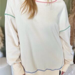 Cream Sweatshirt with Multicolor Stitching